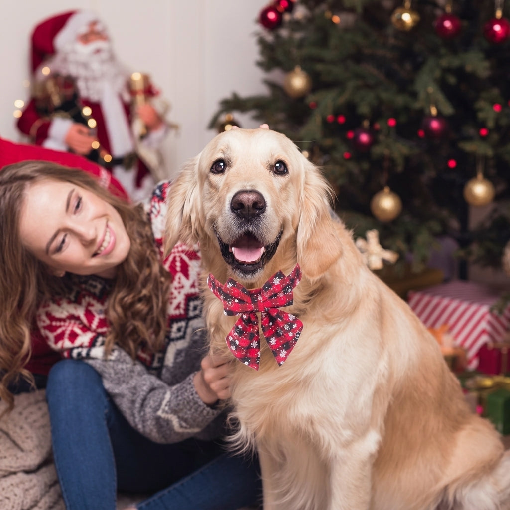 Woman hugging her golden retriever wearing a red plaid bowtie by the Christmas tree